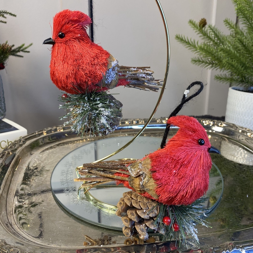 Two Pottery Barn Bottlebrush Cardinal Holiday Ornament Red Small 6"